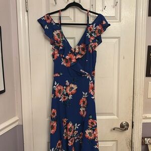 Blue floral, off the should high-low dress.
